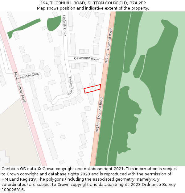 194, THORNHILL ROAD, SUTTON COLDFIELD, B74 2EP: Location map and indicative extent of plot