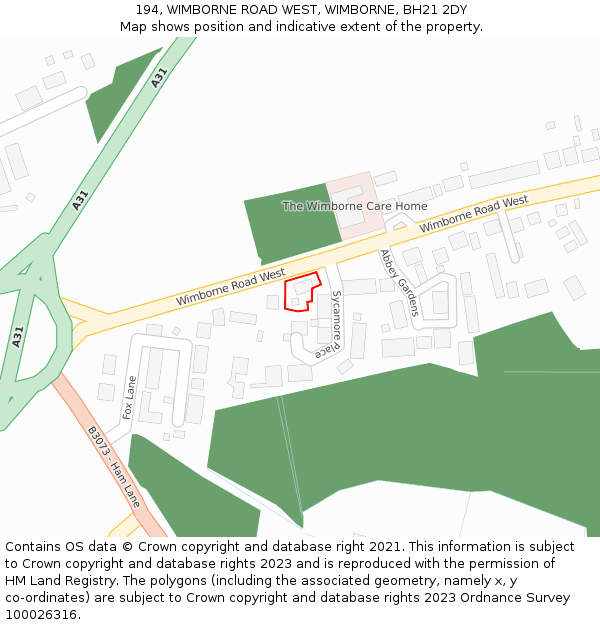 194, WIMBORNE ROAD WEST, WIMBORNE, BH21 2DY: Location map and indicative extent of plot