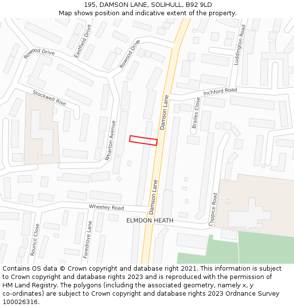 195, DAMSON LANE, SOLIHULL, B92 9LD: Location map and indicative extent of plot