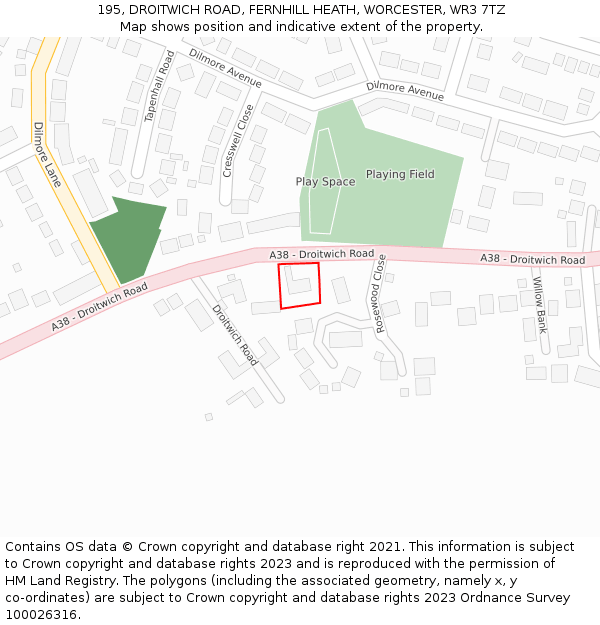 195, DROITWICH ROAD, FERNHILL HEATH, WORCESTER, WR3 7TZ: Location map and indicative extent of plot