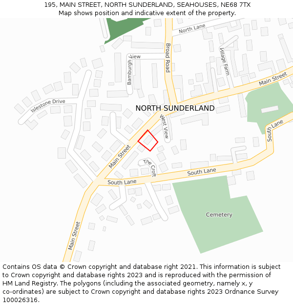 195, MAIN STREET, NORTH SUNDERLAND, SEAHOUSES, NE68 7TX: Location map and indicative extent of plot