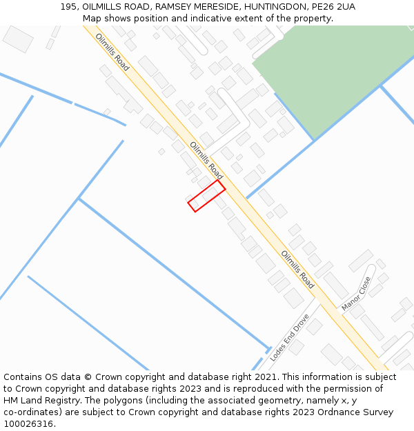 195, OILMILLS ROAD, RAMSEY MERESIDE, HUNTINGDON, PE26 2UA: Location map and indicative extent of plot