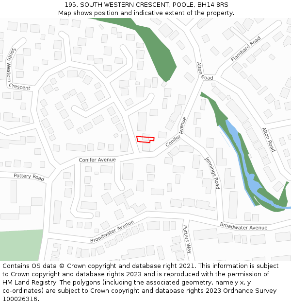 195, SOUTH WESTERN CRESCENT, POOLE, BH14 8RS: Location map and indicative extent of plot