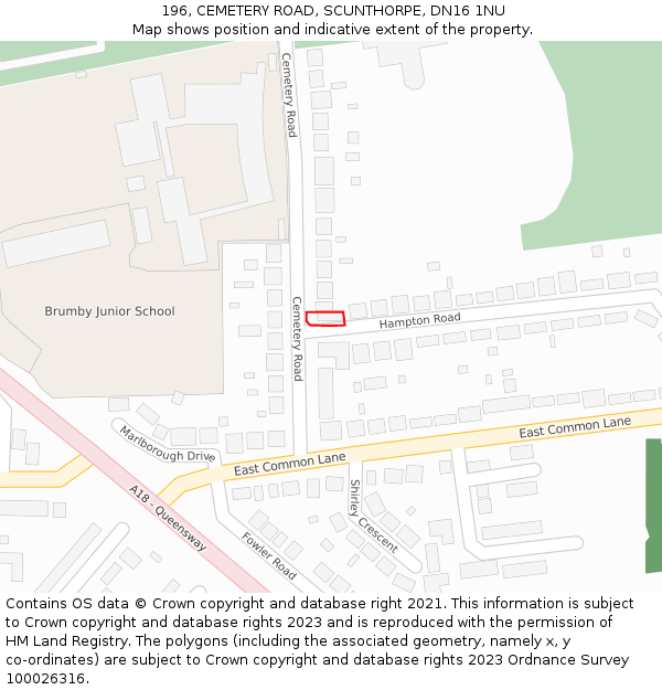 196, CEMETERY ROAD, SCUNTHORPE, DN16 1NU: Location map and indicative extent of plot