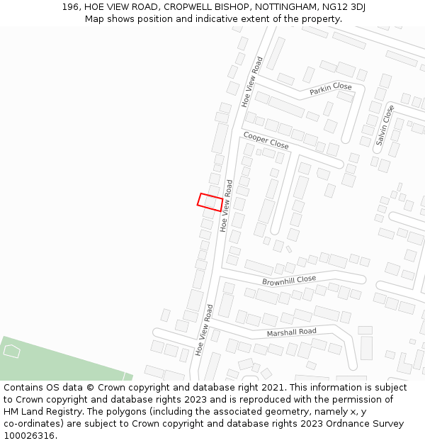 196, HOE VIEW ROAD, CROPWELL BISHOP, NOTTINGHAM, NG12 3DJ: Location map and indicative extent of plot