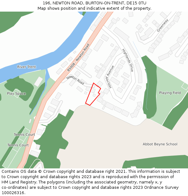 196, NEWTON ROAD, BURTON-ON-TRENT, DE15 0TU: Location map and indicative extent of plot