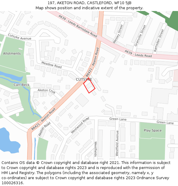 197, AKETON ROAD, CASTLEFORD, WF10 5JB: Location map and indicative extent of plot