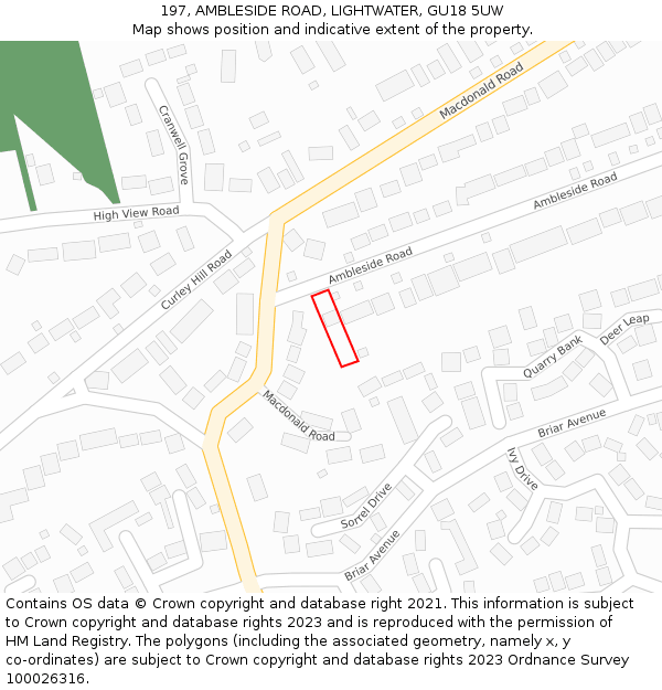 197, AMBLESIDE ROAD, LIGHTWATER, GU18 5UW: Location map and indicative extent of plot