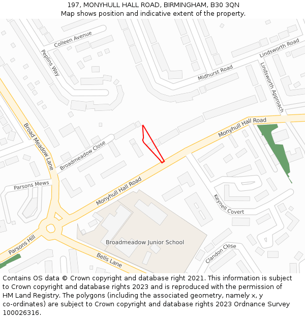 197, MONYHULL HALL ROAD, BIRMINGHAM, B30 3QN: Location map and indicative extent of plot
