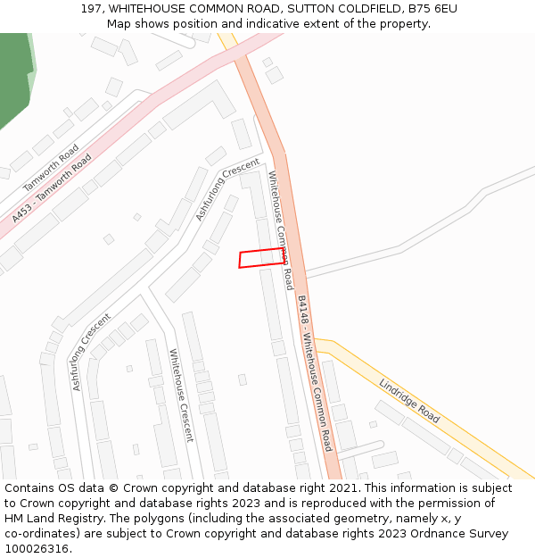 197, WHITEHOUSE COMMON ROAD, SUTTON COLDFIELD, B75 6EU: Location map and indicative extent of plot