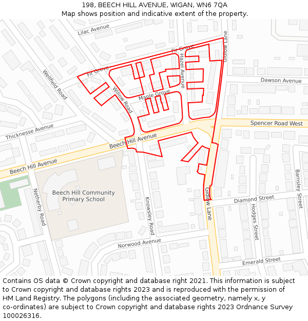 198, BEECH HILL AVENUE, WIGAN, WN6 7QA: Location map and indicative extent of plot