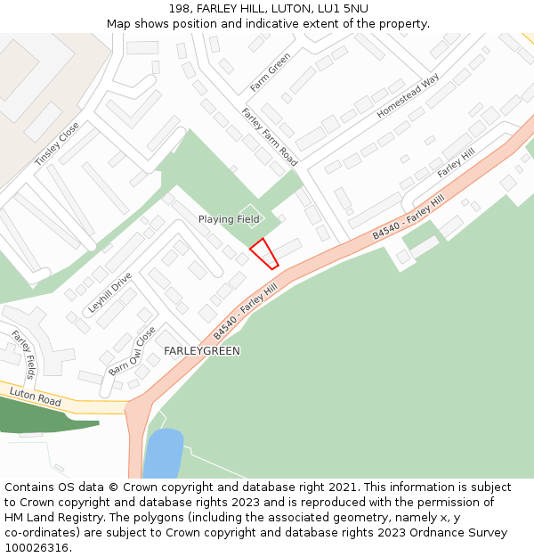 198, FARLEY HILL, LUTON, LU1 5NU: Location map and indicative extent of plot