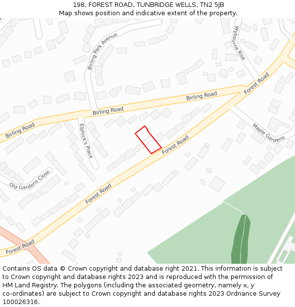 198, FOREST ROAD, TUNBRIDGE WELLS, TN2 5JB: Location map and indicative extent of plot