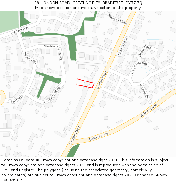 198, LONDON ROAD, GREAT NOTLEY, BRAINTREE, CM77 7QH: Location map and indicative extent of plot