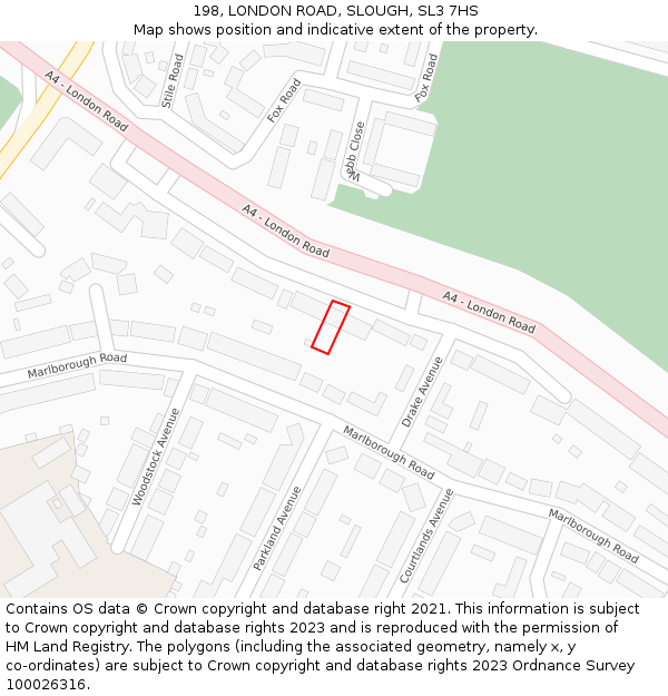 198, LONDON ROAD, SLOUGH, SL3 7HS: Location map and indicative extent of plot