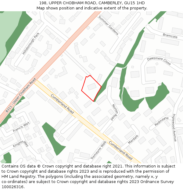 198, UPPER CHOBHAM ROAD, CAMBERLEY, GU15 1HD: Location map and indicative extent of plot