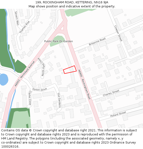199, ROCKINGHAM ROAD, KETTERING, NN16 9JA: Location map and indicative extent of plot