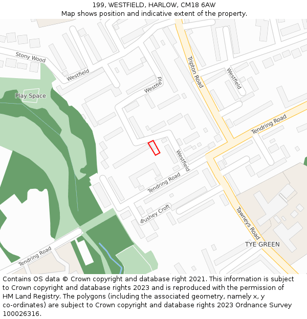 199, WESTFIELD, HARLOW, CM18 6AW: Location map and indicative extent of plot