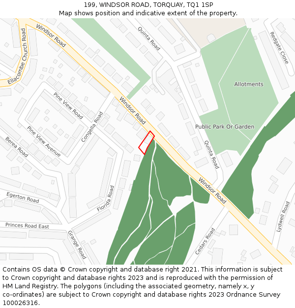 199, WINDSOR ROAD, TORQUAY, TQ1 1SP: Location map and indicative extent of plot