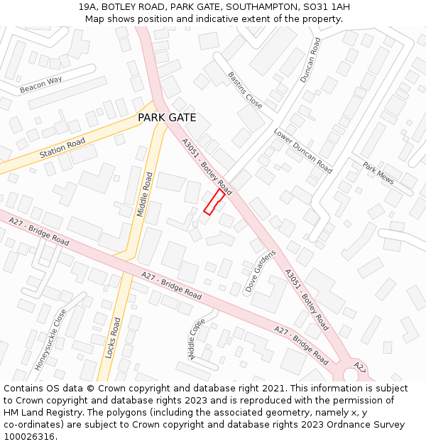 19A, BOTLEY ROAD, PARK GATE, SOUTHAMPTON, SO31 1AH: Location map and indicative extent of plot