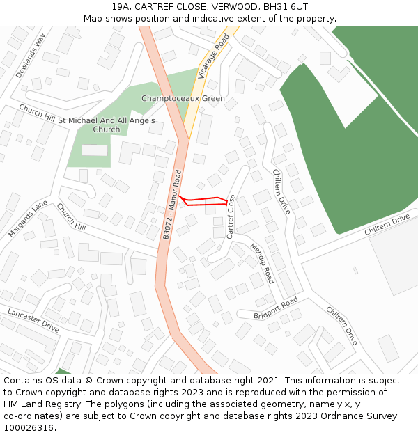 19A, CARTREF CLOSE, VERWOOD, BH31 6UT: Location map and indicative extent of plot