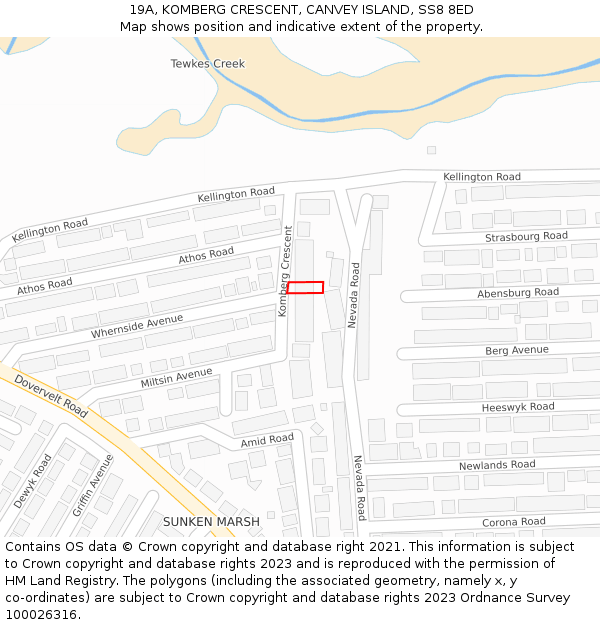 19A, KOMBERG CRESCENT, CANVEY ISLAND, SS8 8ED: Location map and indicative extent of plot