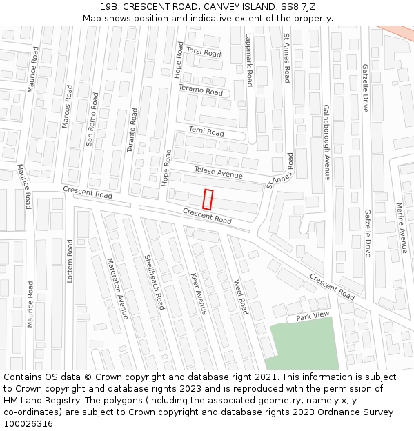 19B, CRESCENT ROAD, CANVEY ISLAND, SS8 7JZ: Location map and indicative extent of plot