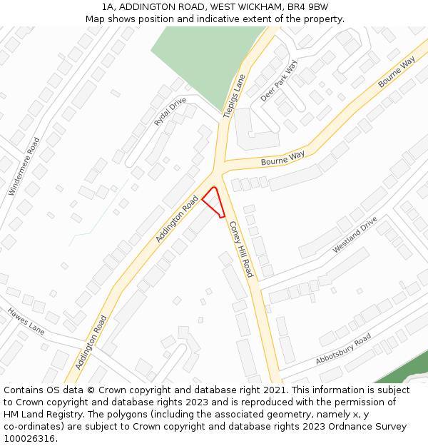 1A, ADDINGTON ROAD, WEST WICKHAM, BR4 9BW: Location map and indicative extent of plot