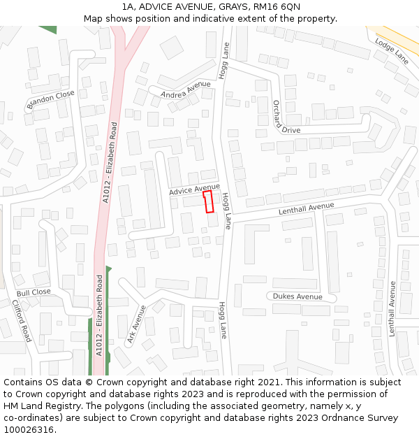 1A, ADVICE AVENUE, GRAYS, RM16 6QN: Location map and indicative extent of plot