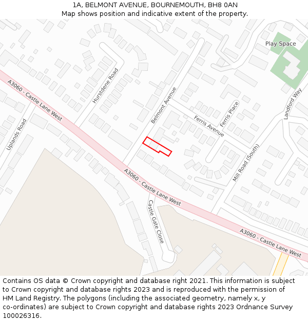 1A, BELMONT AVENUE, BOURNEMOUTH, BH8 0AN: Location map and indicative extent of plot