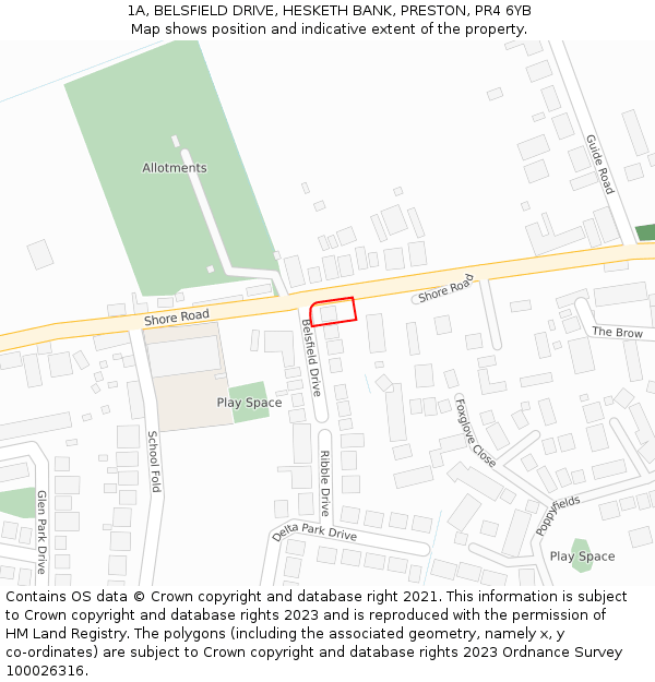 1A, BELSFIELD DRIVE, HESKETH BANK, PRESTON, PR4 6YB: Location map and indicative extent of plot
