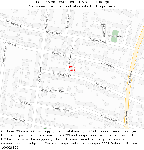 1A, BENMORE ROAD, BOURNEMOUTH, BH9 1QB: Location map and indicative extent of plot