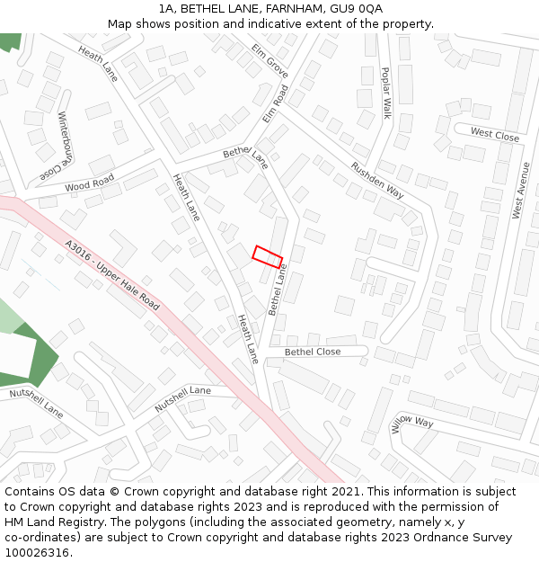 1A, BETHEL LANE, FARNHAM, GU9 0QA: Location map and indicative extent of plot