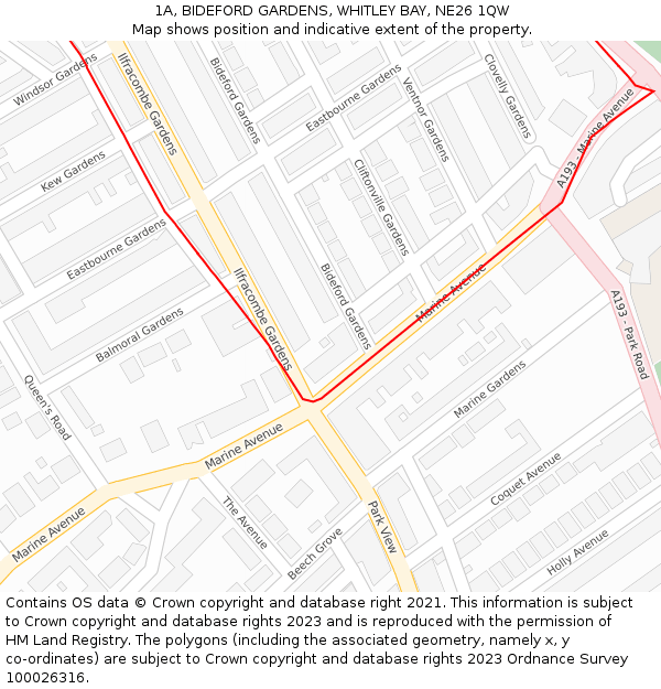 1A, BIDEFORD GARDENS, WHITLEY BAY, NE26 1QW: Location map and indicative extent of plot