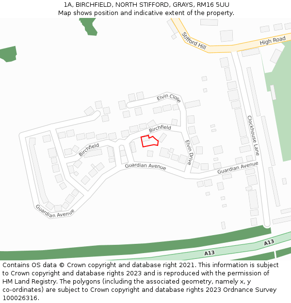 1A, BIRCHFIELD, NORTH STIFFORD, GRAYS, RM16 5UU: Location map and indicative extent of plot