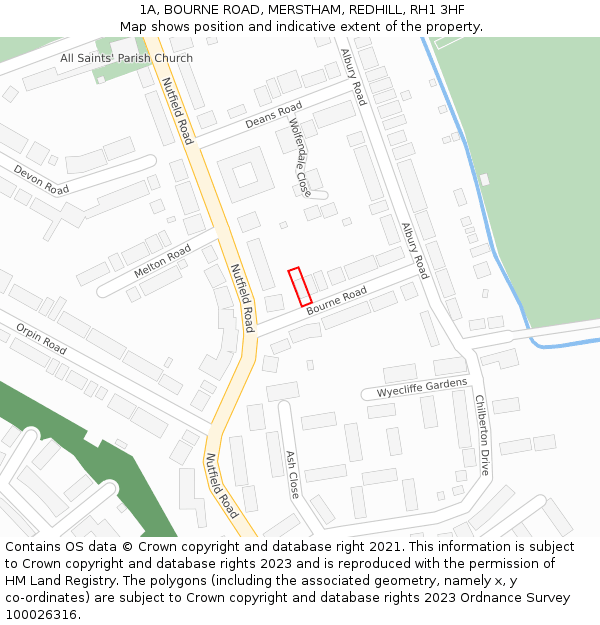 1A, BOURNE ROAD, MERSTHAM, REDHILL, RH1 3HF: Location map and indicative extent of plot