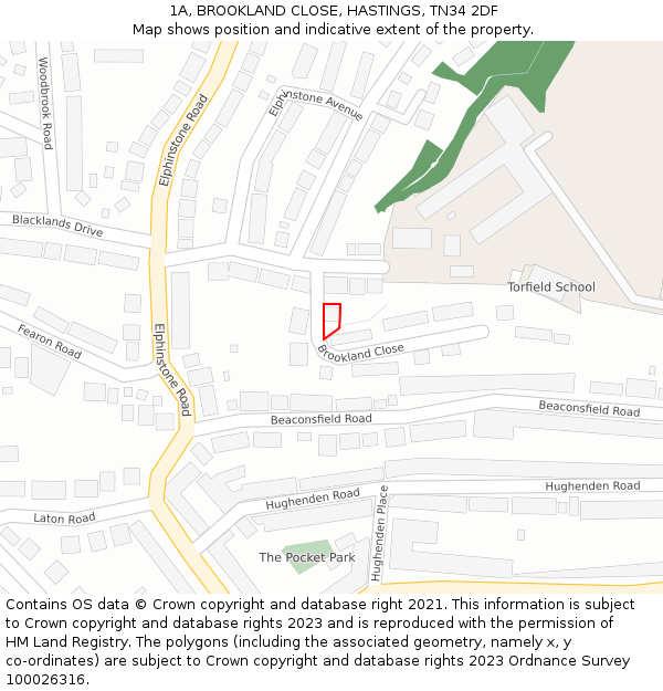 1A, BROOKLAND CLOSE, HASTINGS, TN34 2DF: Location map and indicative extent of plot