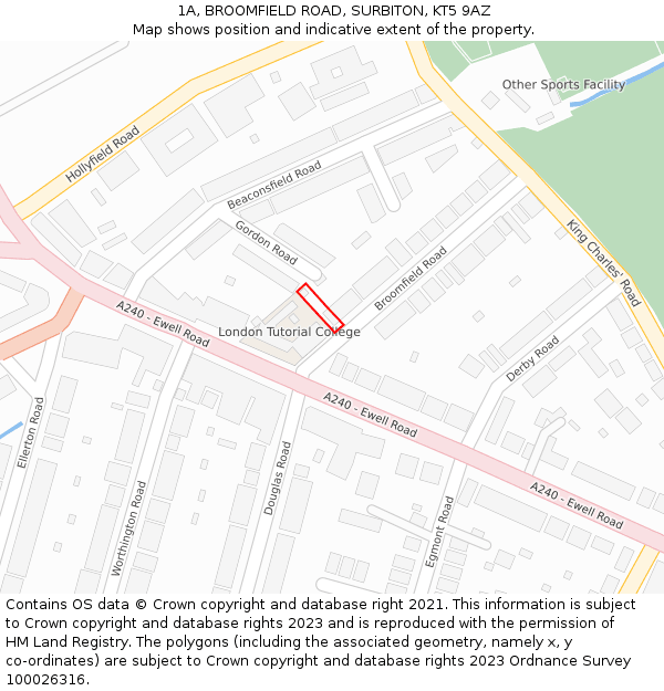 1A, BROOMFIELD ROAD, SURBITON, KT5 9AZ: Location map and indicative extent of plot