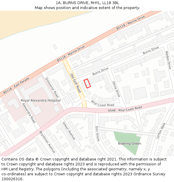 1A, BURNS DRIVE, RHYL, LL18 3BL: Location map and indicative extent of plot