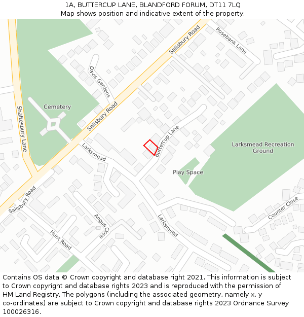 1A, BUTTERCUP LANE, BLANDFORD FORUM, DT11 7LQ: Location map and indicative extent of plot