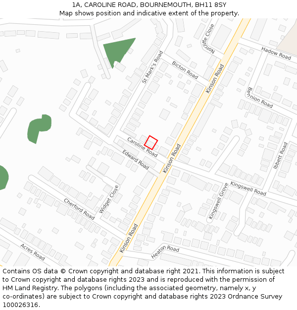 1A, CAROLINE ROAD, BOURNEMOUTH, BH11 8SY: Location map and indicative extent of plot