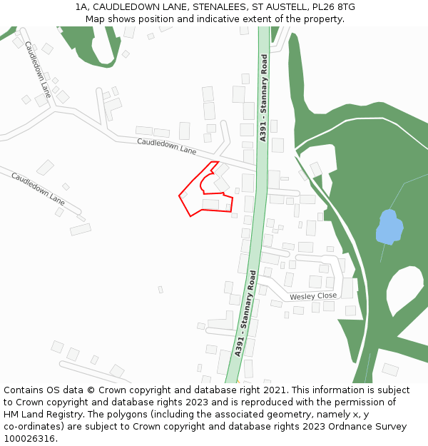 1A, CAUDLEDOWN LANE, STENALEES, ST AUSTELL, PL26 8TG: Location map and indicative extent of plot