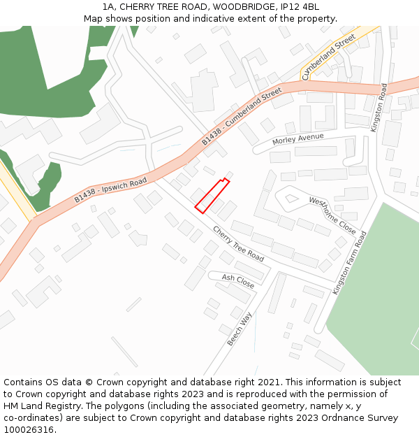 1A, CHERRY TREE ROAD, WOODBRIDGE, IP12 4BL: Location map and indicative extent of plot