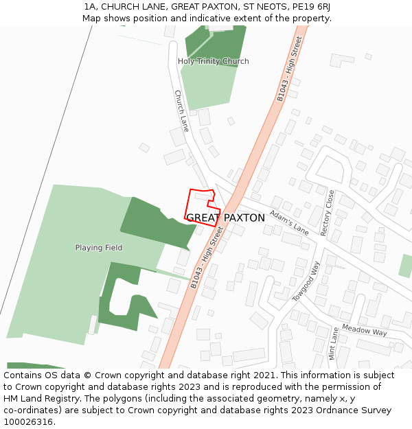 1A, CHURCH LANE, GREAT PAXTON, ST NEOTS, PE19 6RJ: Location map and indicative extent of plot