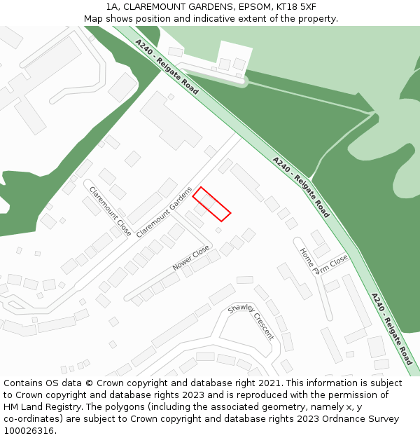 1A, CLAREMOUNT GARDENS, EPSOM, KT18 5XF: Location map and indicative extent of plot