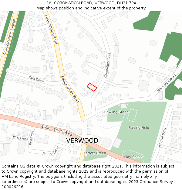 1A, CORONATION ROAD, VERWOOD, BH31 7PX: Location map and indicative extent of plot
