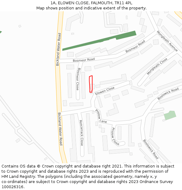 1A, ELOWEN CLOSE, FALMOUTH, TR11 4PL: Location map and indicative extent of plot