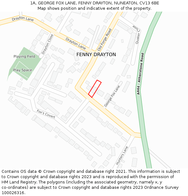 1A, GEORGE FOX LANE, FENNY DRAYTON, NUNEATON, CV13 6BE: Location map and indicative extent of plot