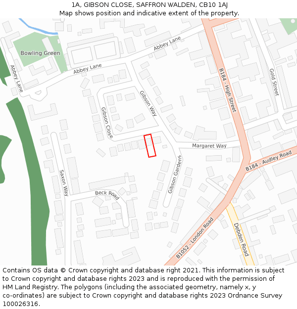 1A, GIBSON CLOSE, SAFFRON WALDEN, CB10 1AJ: Location map and indicative extent of plot