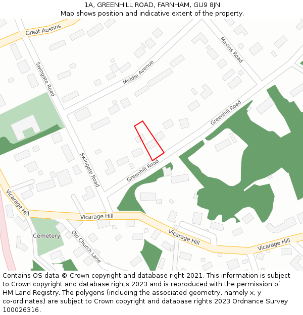 1A, GREENHILL ROAD, FARNHAM, GU9 8JN: Location map and indicative extent of plot